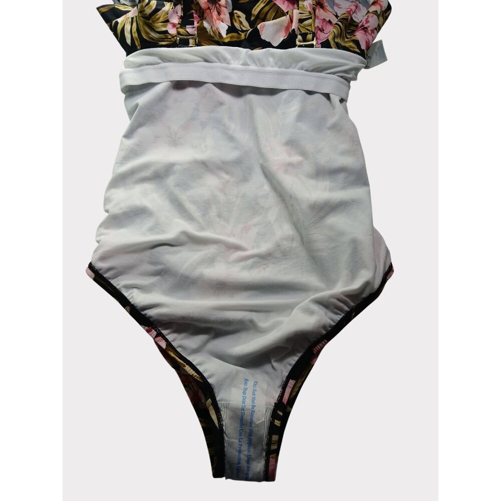 Kona Sol 16W Black Green Pink Floral Ruffle Front One Piece Swimsuit 16W Plus - Picture 13 of 13